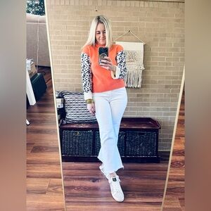 THML Vibrant Orange Sweater with Leopard Print Sleeves